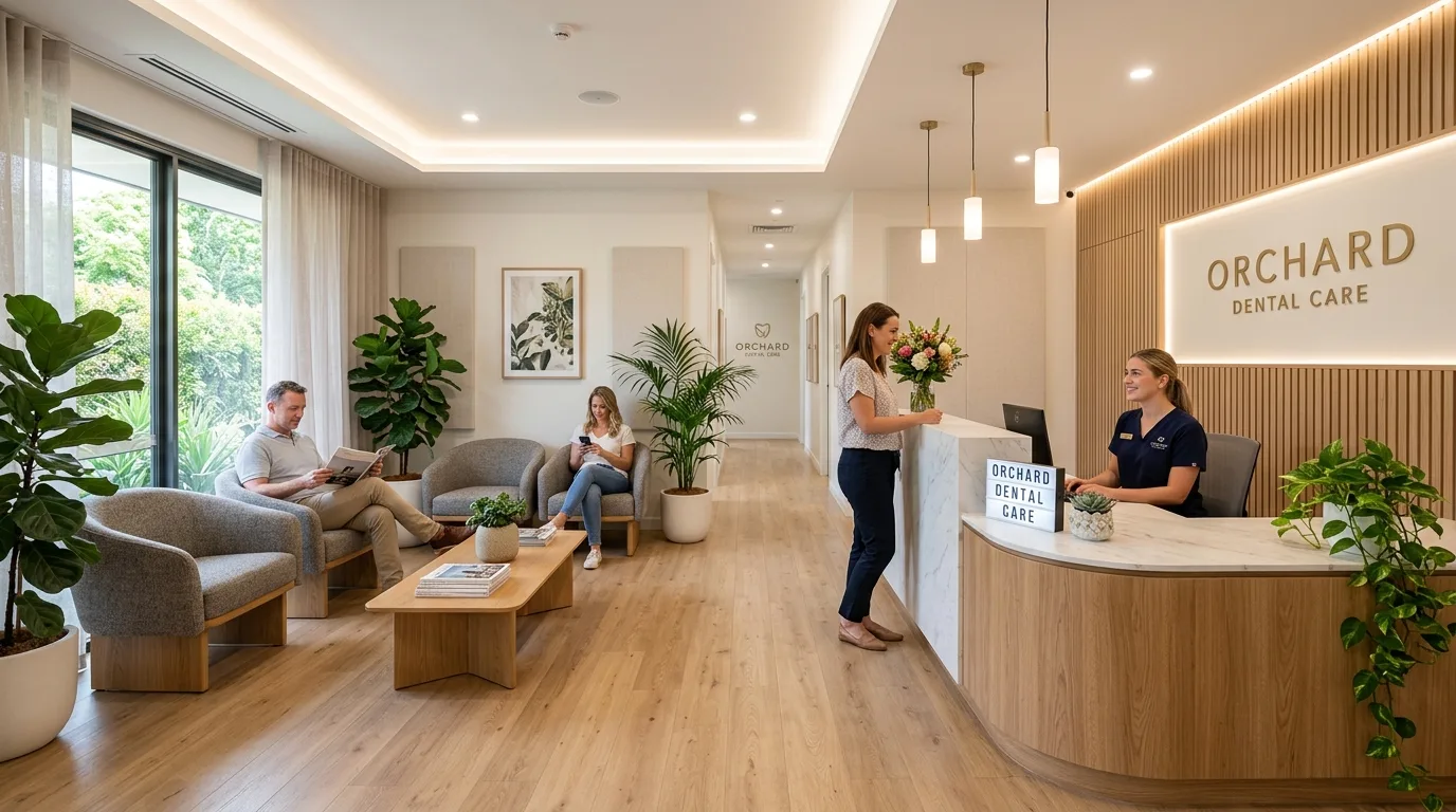 Comfortable clinic reception and waiting lounge at Happy Dental Care Airoli